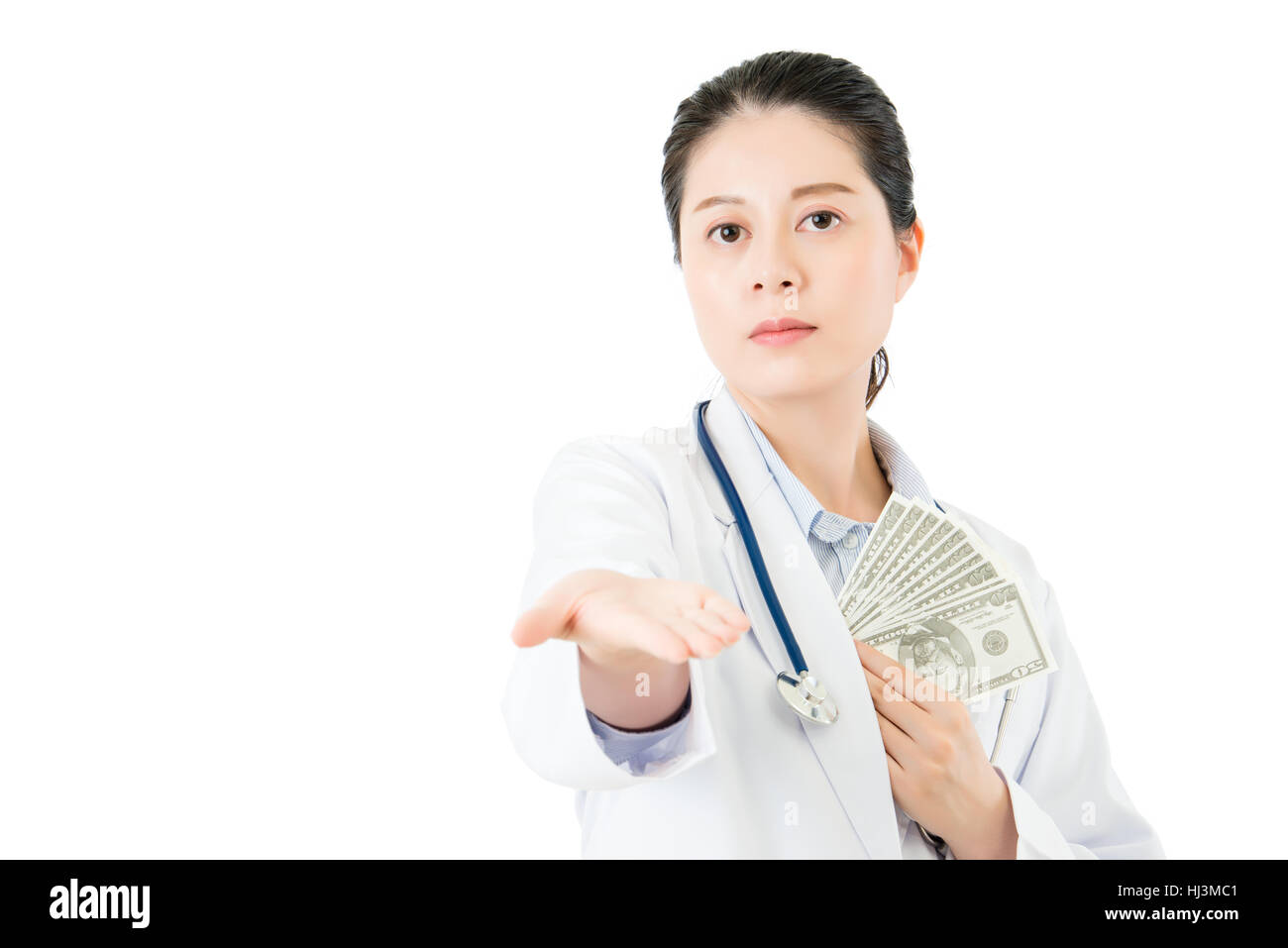 asian woman doctor ask money bribery for income. isolated on white background. medical and health concept Stock Photo