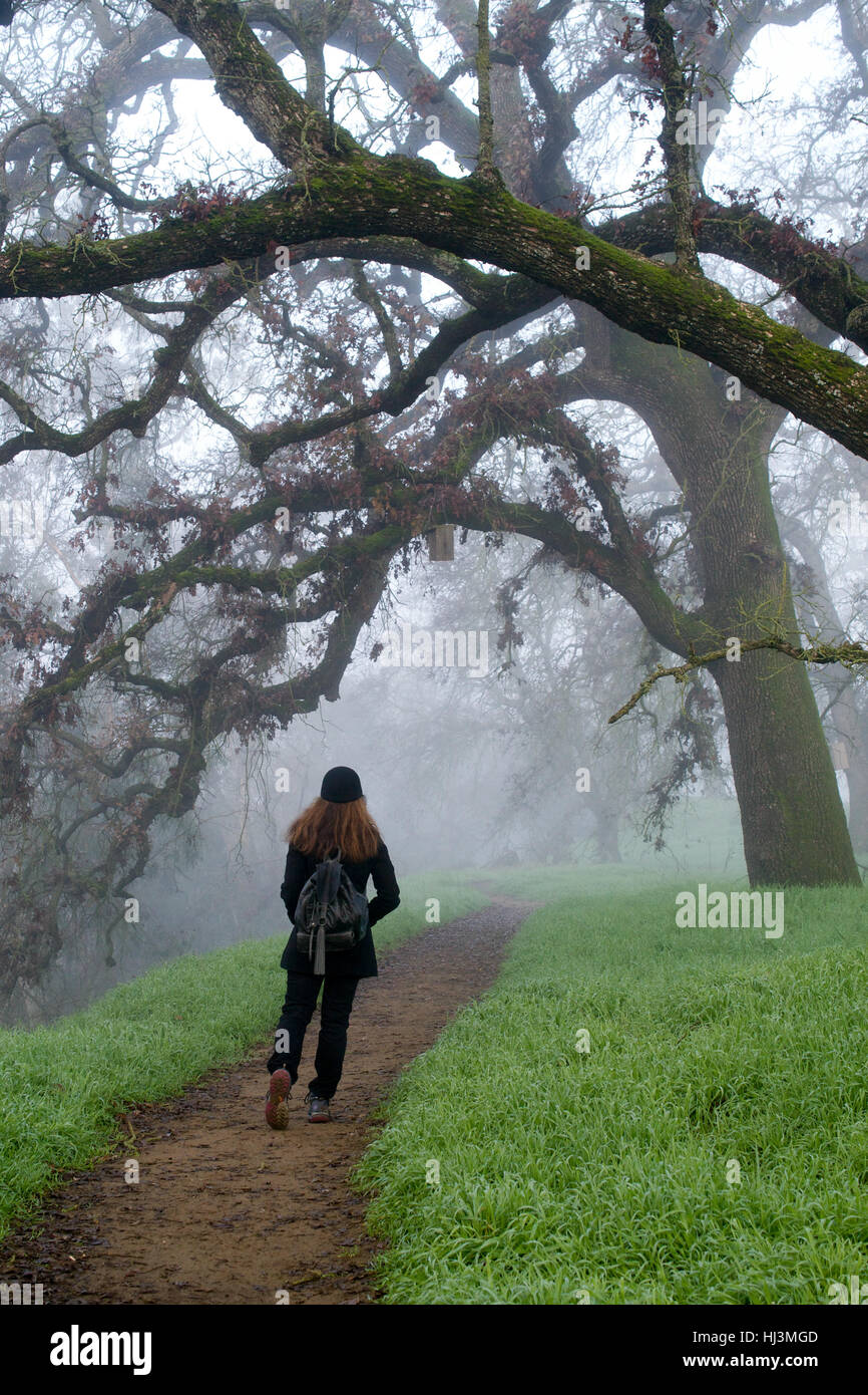 Woman walking on a foggy trail in the winter, wearing black clothes and hat, and a backpack- uncertainty concept Stock Photo