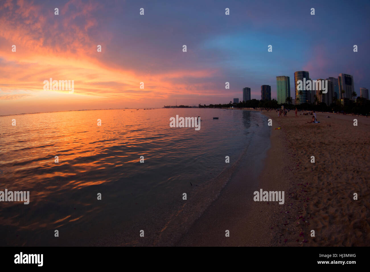 Sunset over Ala Moana Beach, Honolulu, Oahu, Hawaii, USA Stock Photo