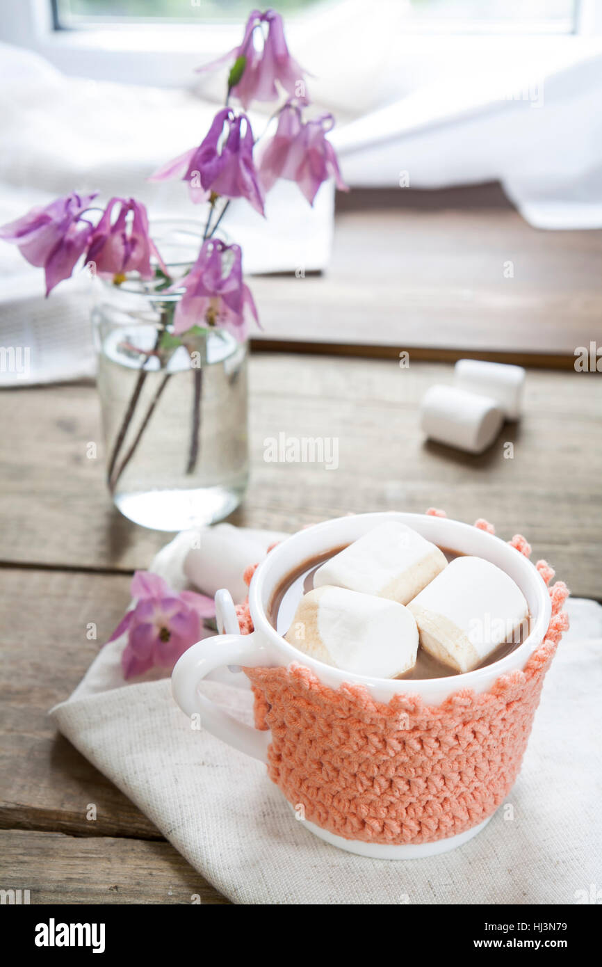 Hot cocoa with marshmallows in cup and cup crochet holder and fresh spring  pink bell flowers on wooden table Stock Photo - Alamy