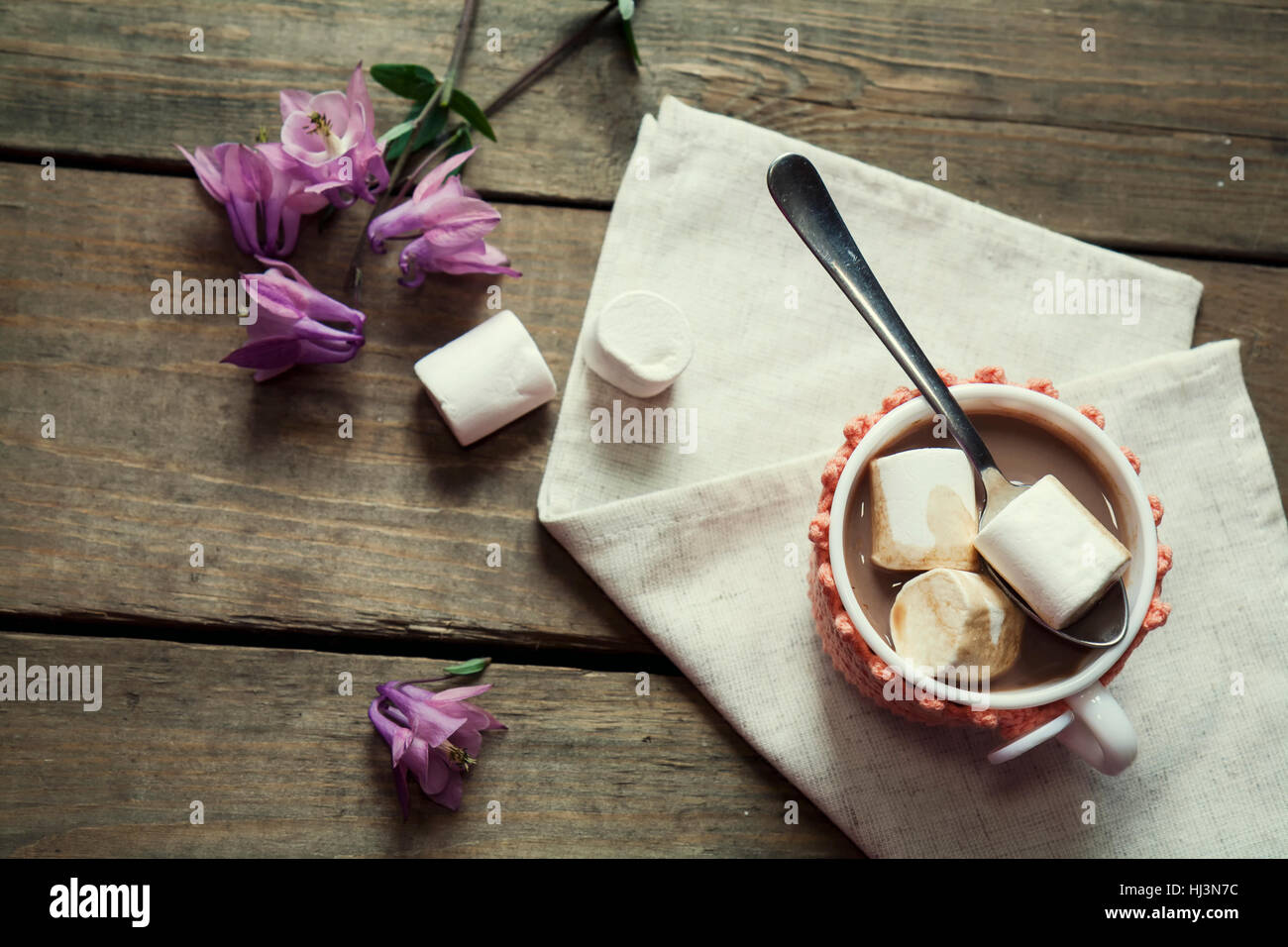 Hot cocoa with marshmallows in cup and cup crochet holder and fresh spring  pink bell flowers on wooden table Stock Photo - Alamy