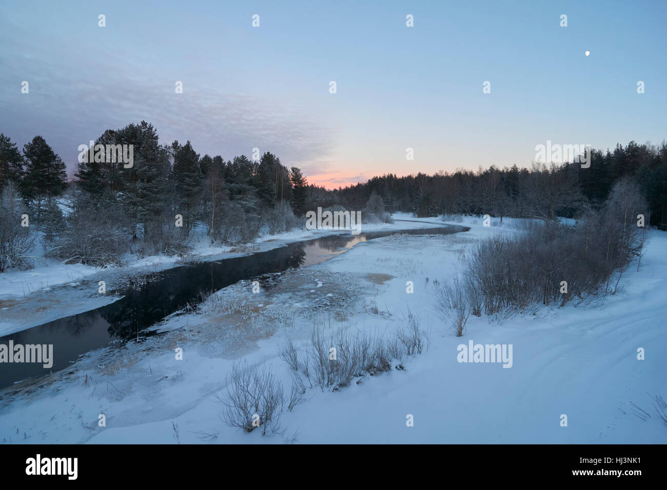 Sunset time at Zapadnaya Dvina (Daugava) river near Okhvat lake, Penovskiy district, Tver oblast, Russia Stock Photo