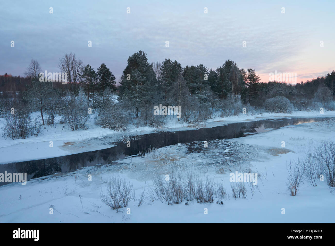 Winter view of Zapadnaya Dvina (Daugava) river near Okhvat lake, Penovskiy district, Tver oblast, Russia Stock Photo