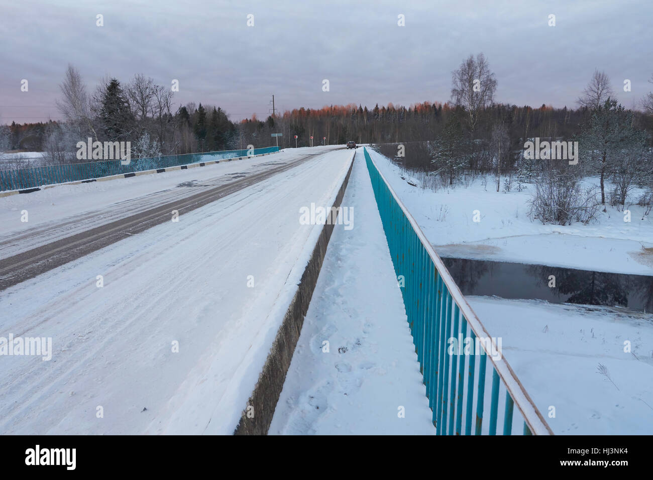On the bridge over Zapadnaya Dvina (Daugava) river near Okhvat lake, Penovskiy district, Tver oblast, Russia Stock Photo