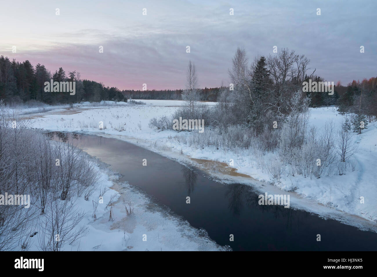 Beautiful winter view of Zapadnaya Dvina (Daugava) river near Okhvat lake, Penovskiy district, Tver oblast, Russia Stock Photo