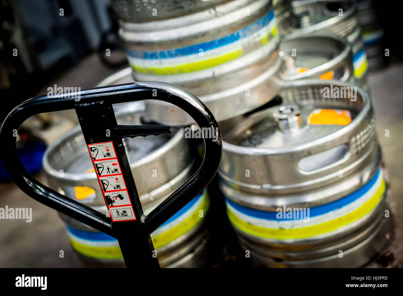 Beer brewing production at various stages from grain to bottle Stock