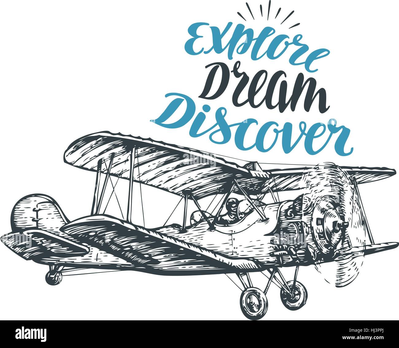 Retro biplane. Airplane sketch. Travel vector illustration Stock Vector