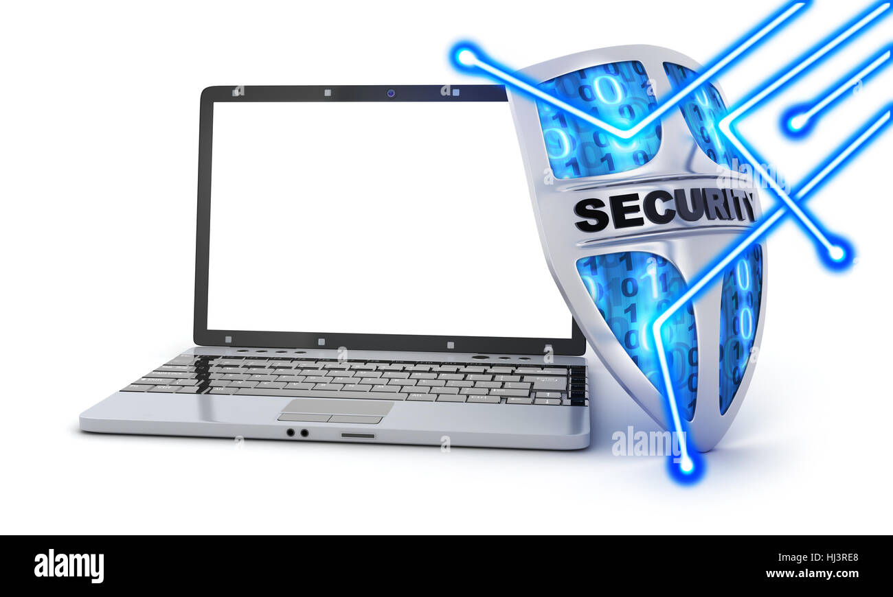 Abstract shield antivirus and white screen laptop. 3d illustration Stock Photo