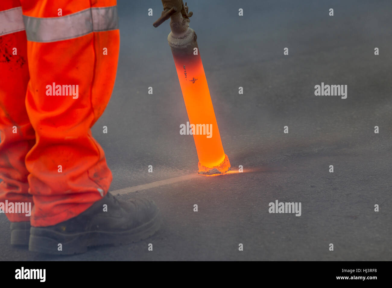 Thermal lance line removal burns off line markings at extremely high
