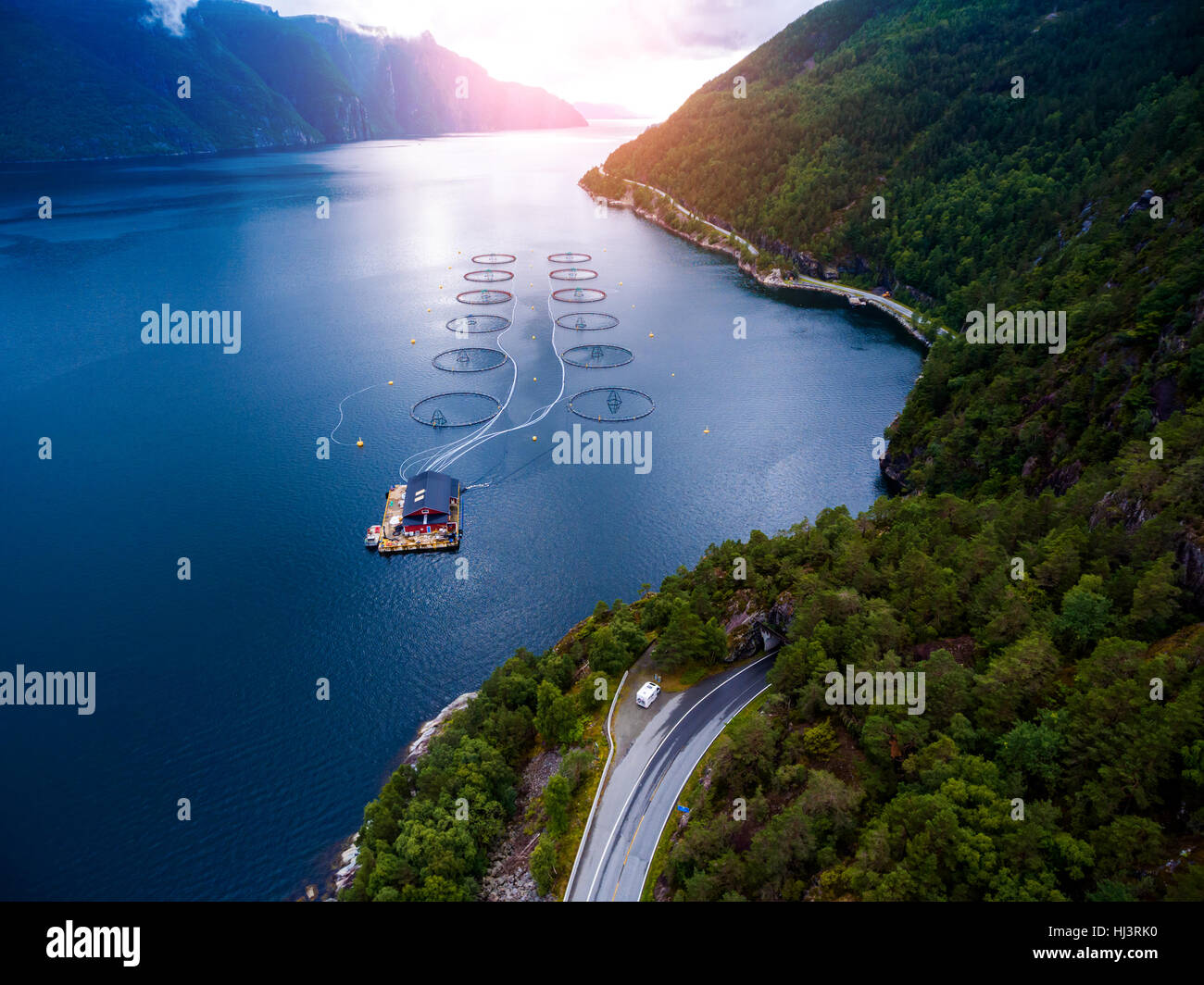 Farm salmon fishing in Norway aerial photography. Stock Photo