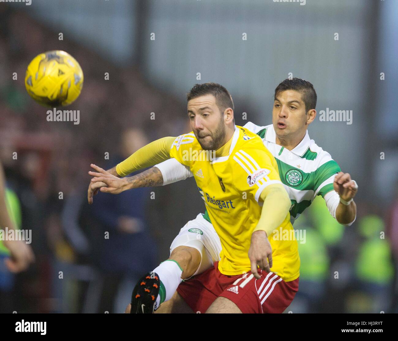 Celtic's Christian Gamboa (right) and Albion Rovers' Scott Mcbride during the Ladbrokes Scottish Premiership match at the Excelsior Stadium, Airdrie. Stock Photo