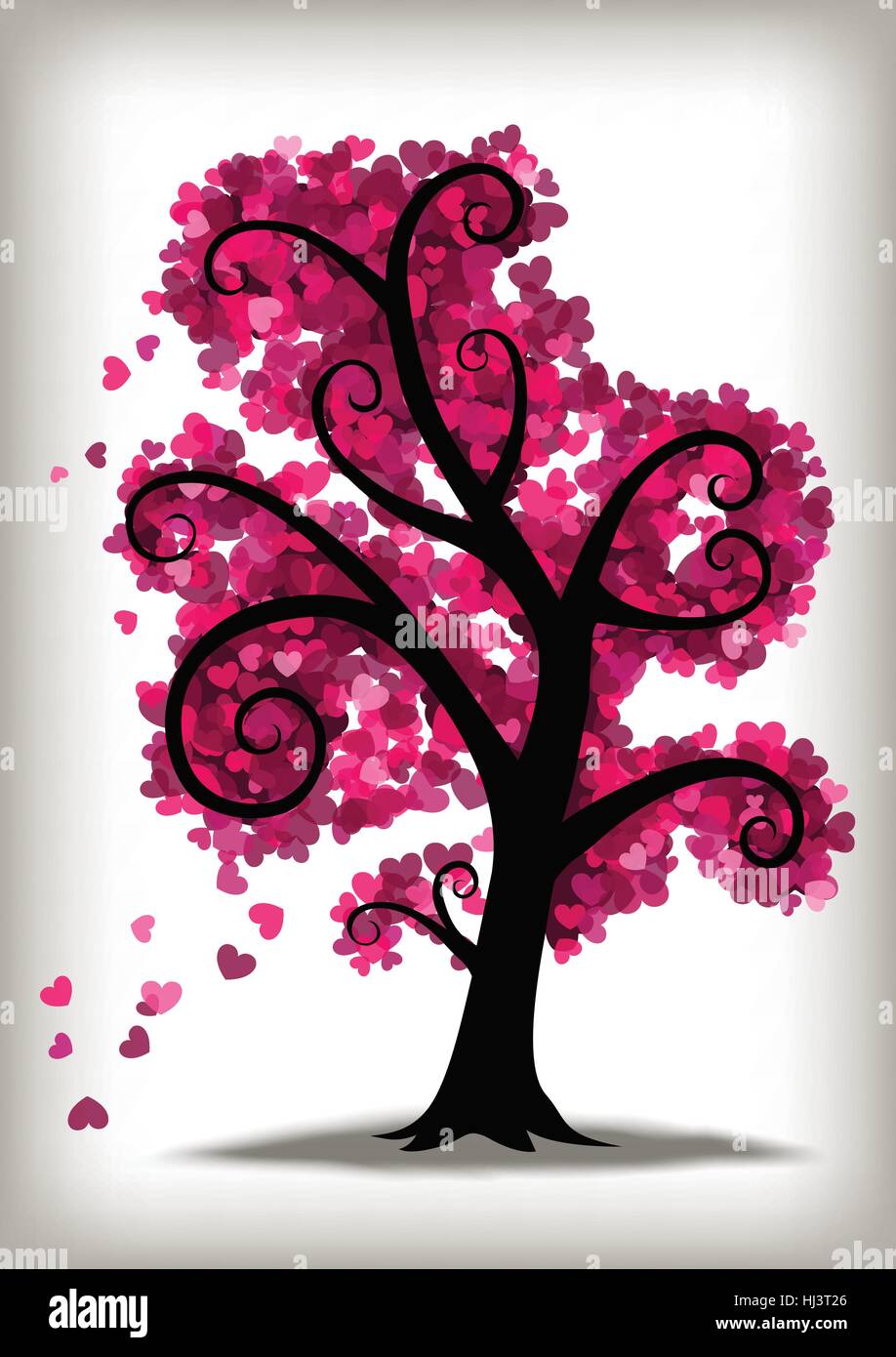 Curly tree with little pink and purple hearts for leaves Stock Vector
