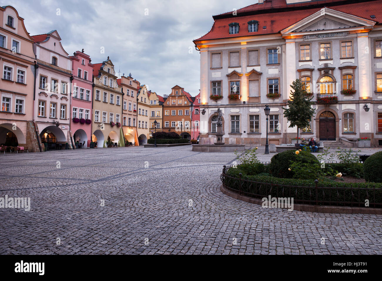 City of Jelenia Gora in Poland, Europe, Old Town Market Square with gabled houses and City Hall Stock Photo
