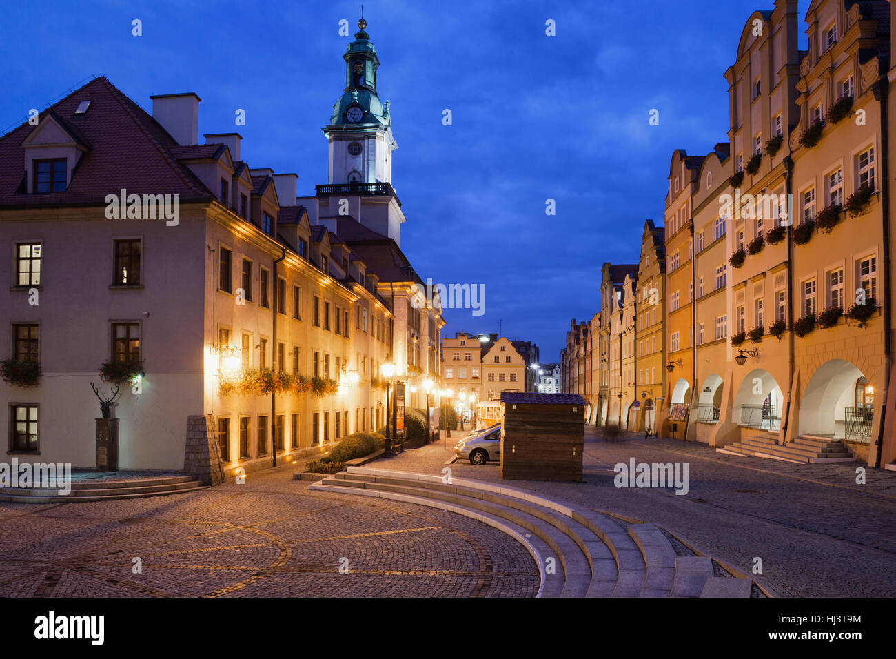 City of Jelenia Gora in Poland, Old Town Market Square by night Stock Photo