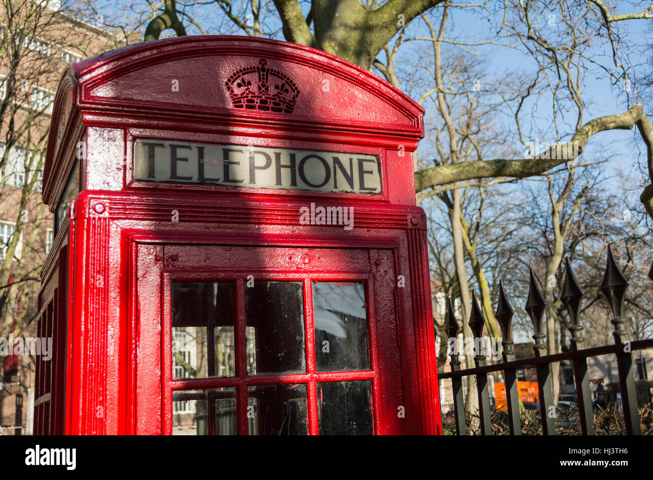 Closeup of a Giles Gilbert Scott K2 telephone box in Brunswick Gardens, London, England, UK Stock Photo