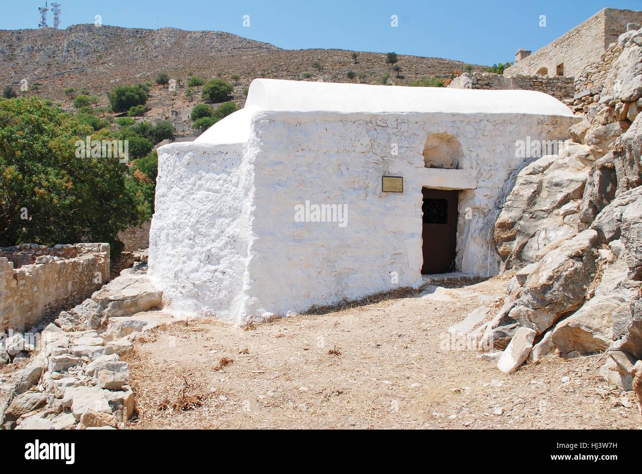 The church of Christ The Saviour in the abandoned village of Mikro Chorio on the Greek island of Tilos. It dates from 1430. Stock Photo