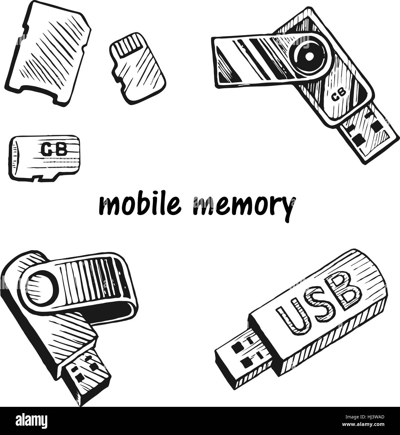 USB stick  and memory card  set Stock Vector