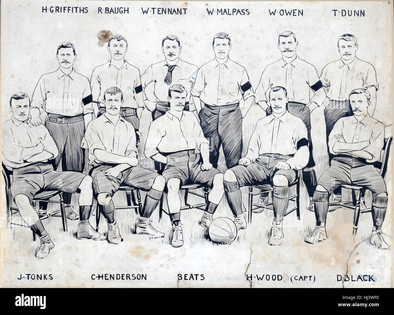 Sketch of Wolverhampton Wanderers FC team 1895/96 season and the losing finalists of the English Cup in 1896 Stock Photo
