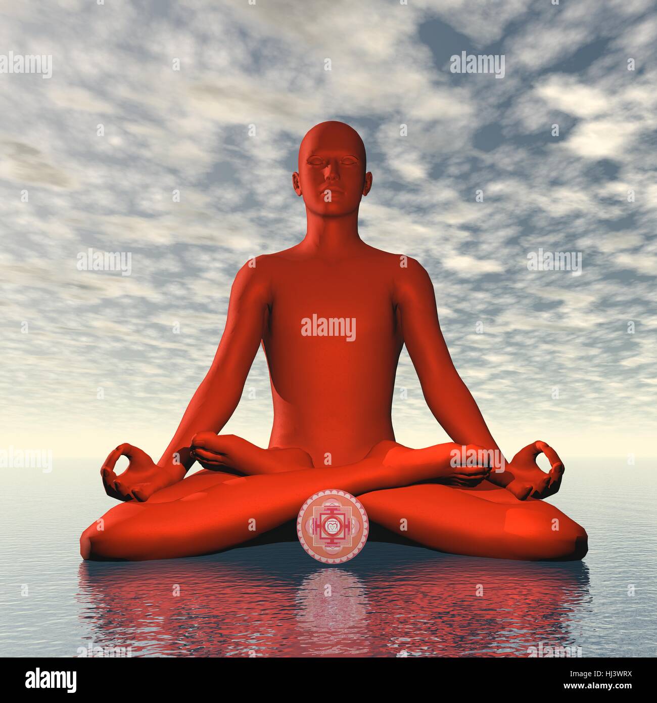 Silhouette of a man meditating with red muladhara or root chakra symbol upon ocean in cloudy background - 3D render Stock Photo