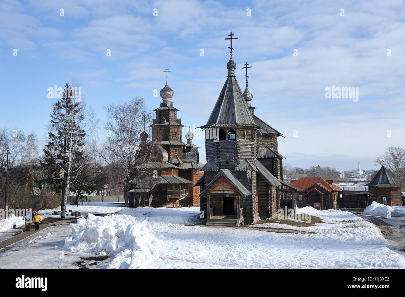 Winter Walk on the Grounds of Museum of Wooden Architecture. Suzdal, Russia Stock Photo