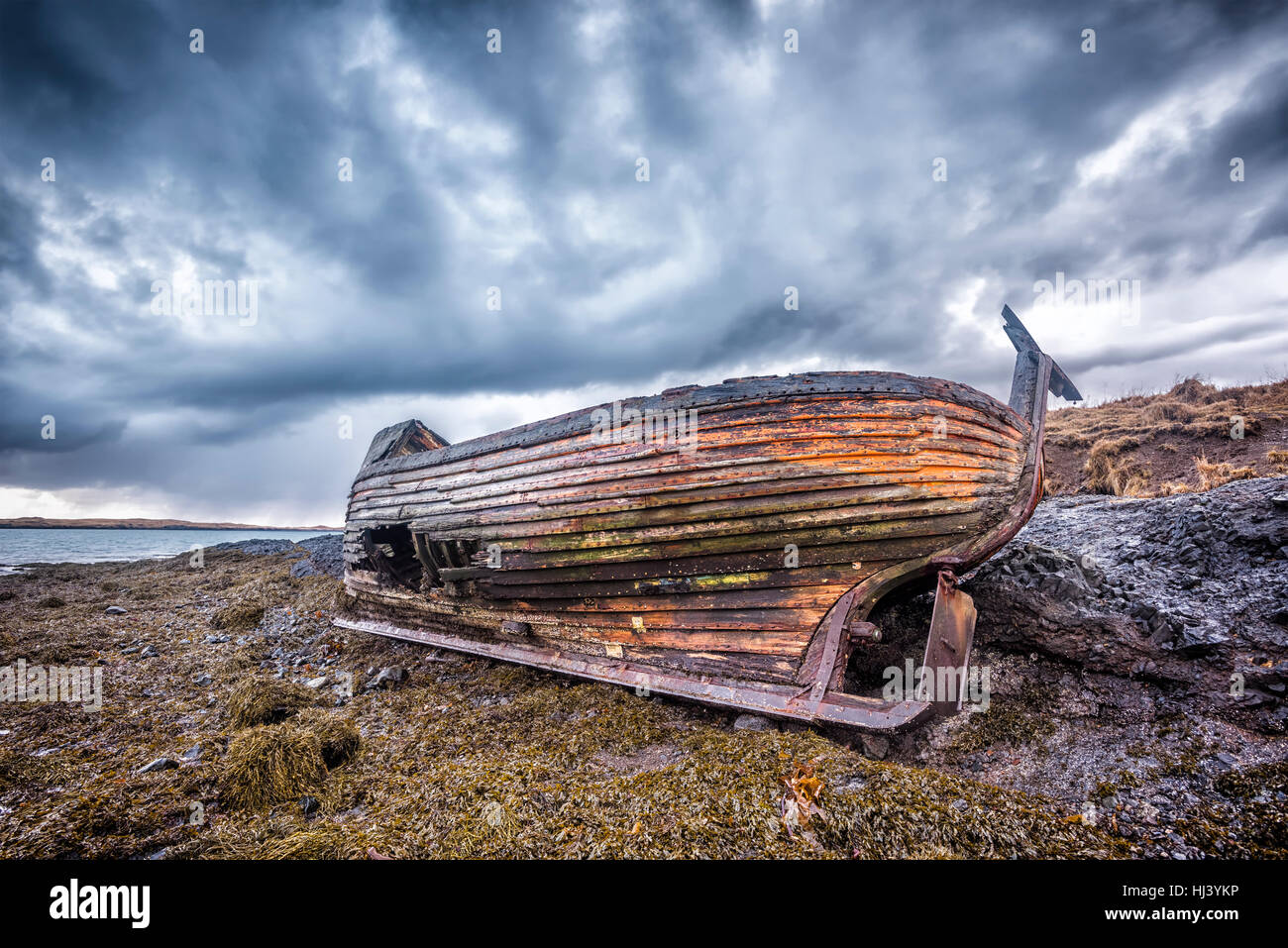 An old abandoned fishing vessel from the early 1900's rests on a remote beach as it rots, exposing the ship's wooden ribs and hull infrastructure. Stock Photo