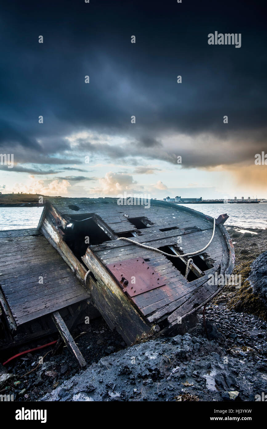 An old abandoned fishing vessel from the early 1900's rests on a remote beach as it rots, exposing the ship's wooden ribs and hull infrastructure. Stock Photo