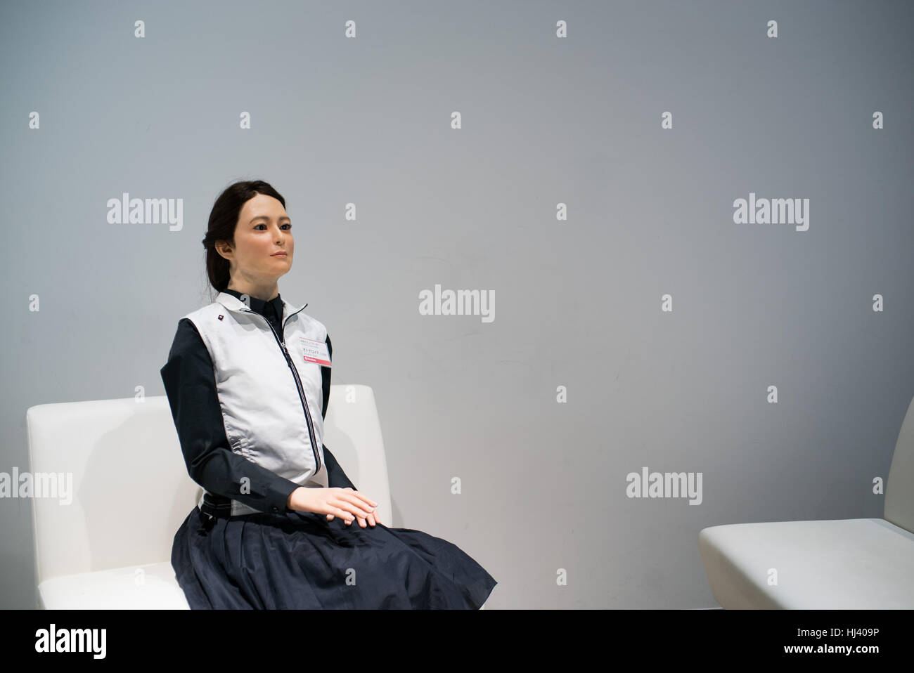 a human robot slowly mimics a human at the National Museum of Emerging Science and Innovation (Miraikan) Stock Photo
