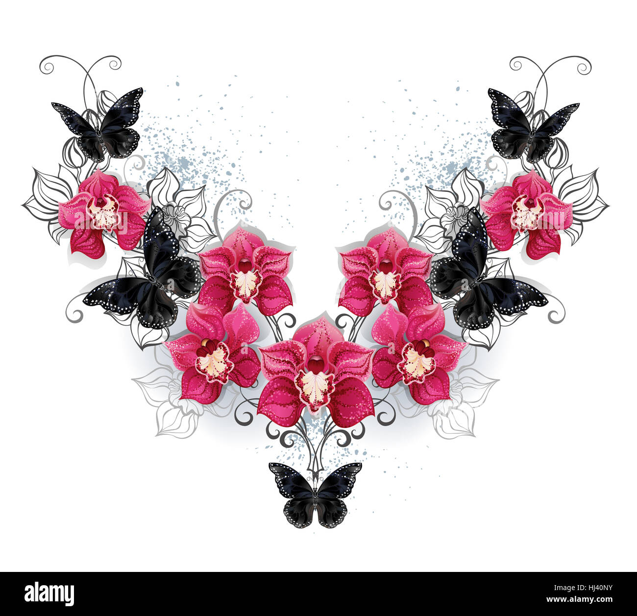 Symmetric pattern of black butterflies and pink orchids on a white background. Design with orchids. Black butterfly Stock Photo