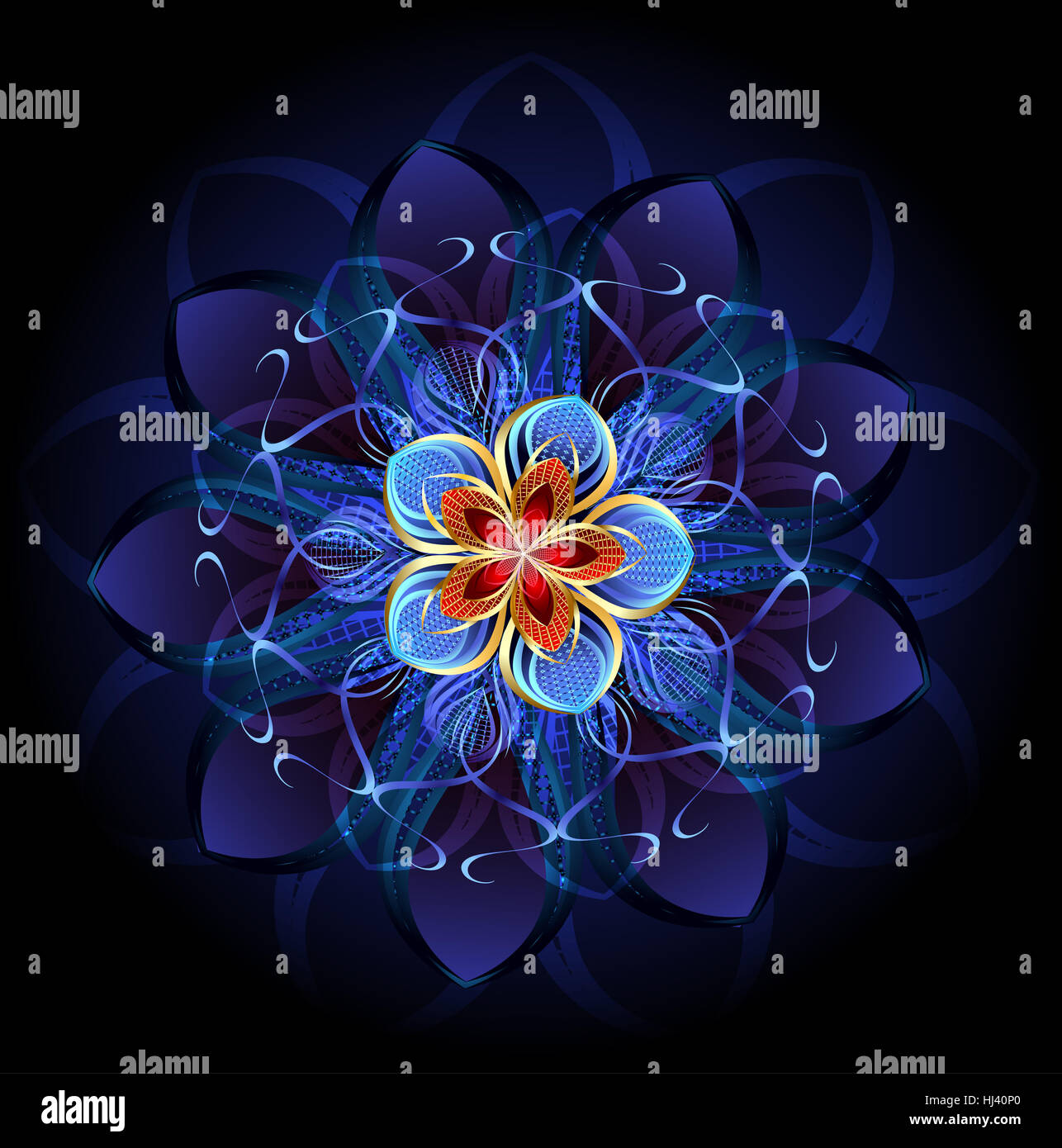 luxurious, abstract blue flower on a dark glowing background. Stock Photo