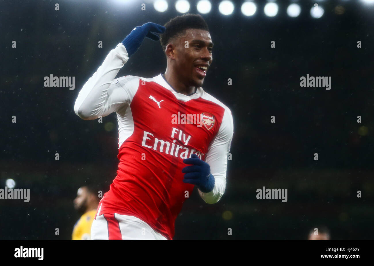 Alex Iwobi of Arsenal celebrates scoring during the Premier League match between Arsenal and Crystal Palace at the Emirates Stadium in London. December 1, 2017. Stock Photo