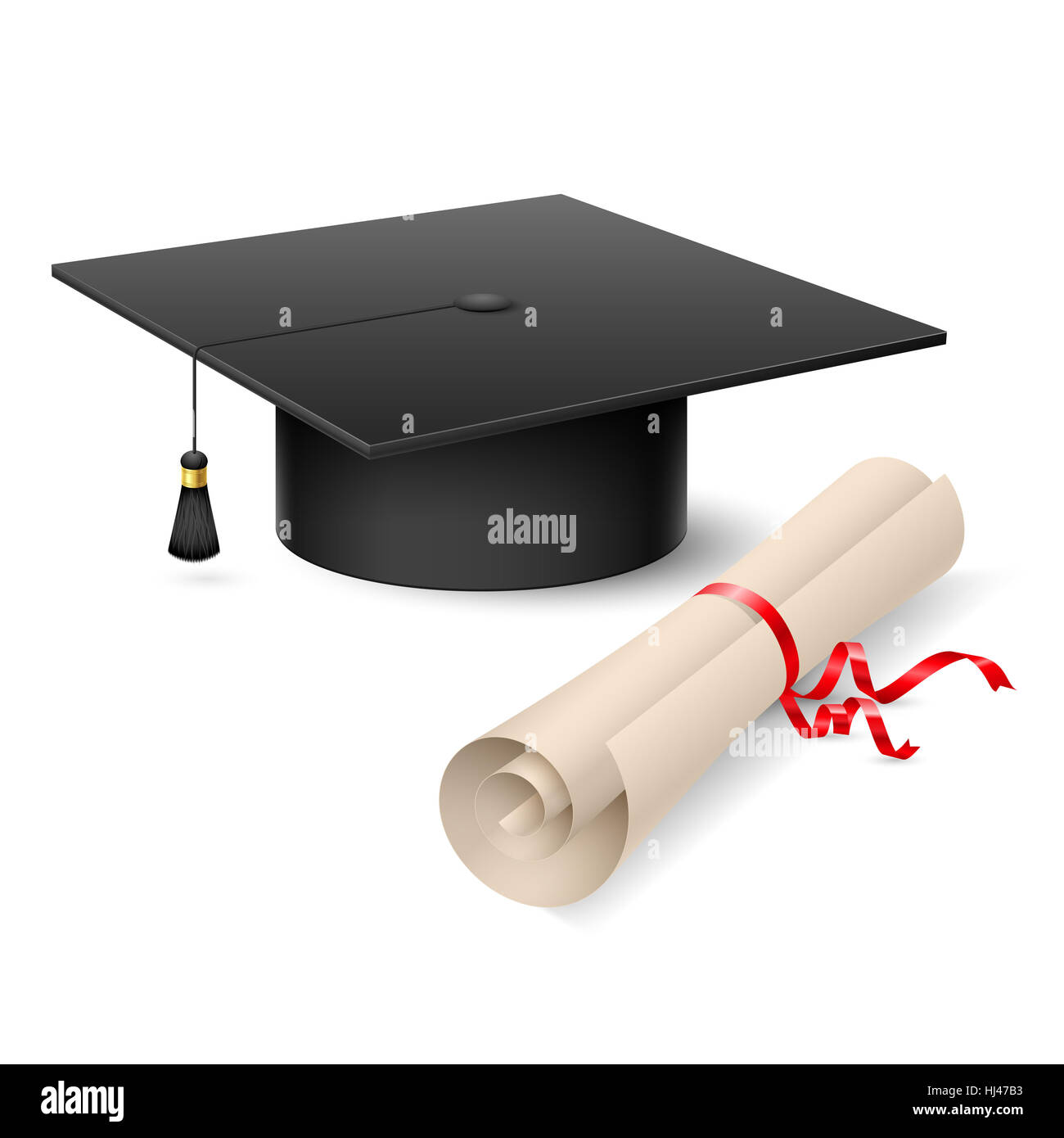 Graduation cap and diploma. Illustration on white background Stock
