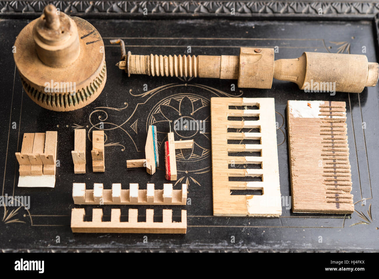 Barrel organ, worm gear, wooden crank handle, wooden valves, wooden comb for sound pickup, Grassau, Upper Bavaria, Bavaria Stock Photo