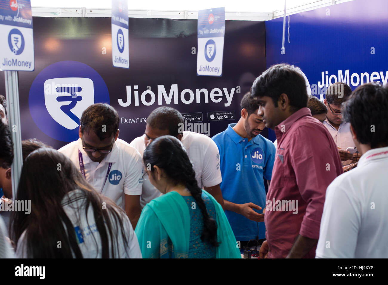 HYDERABAD, INDIA - JANUARY 19,2017 Visitors at JioMoney stall at Digi Dhan Mela at People's Plaza in Hyderabad. Stock Photo