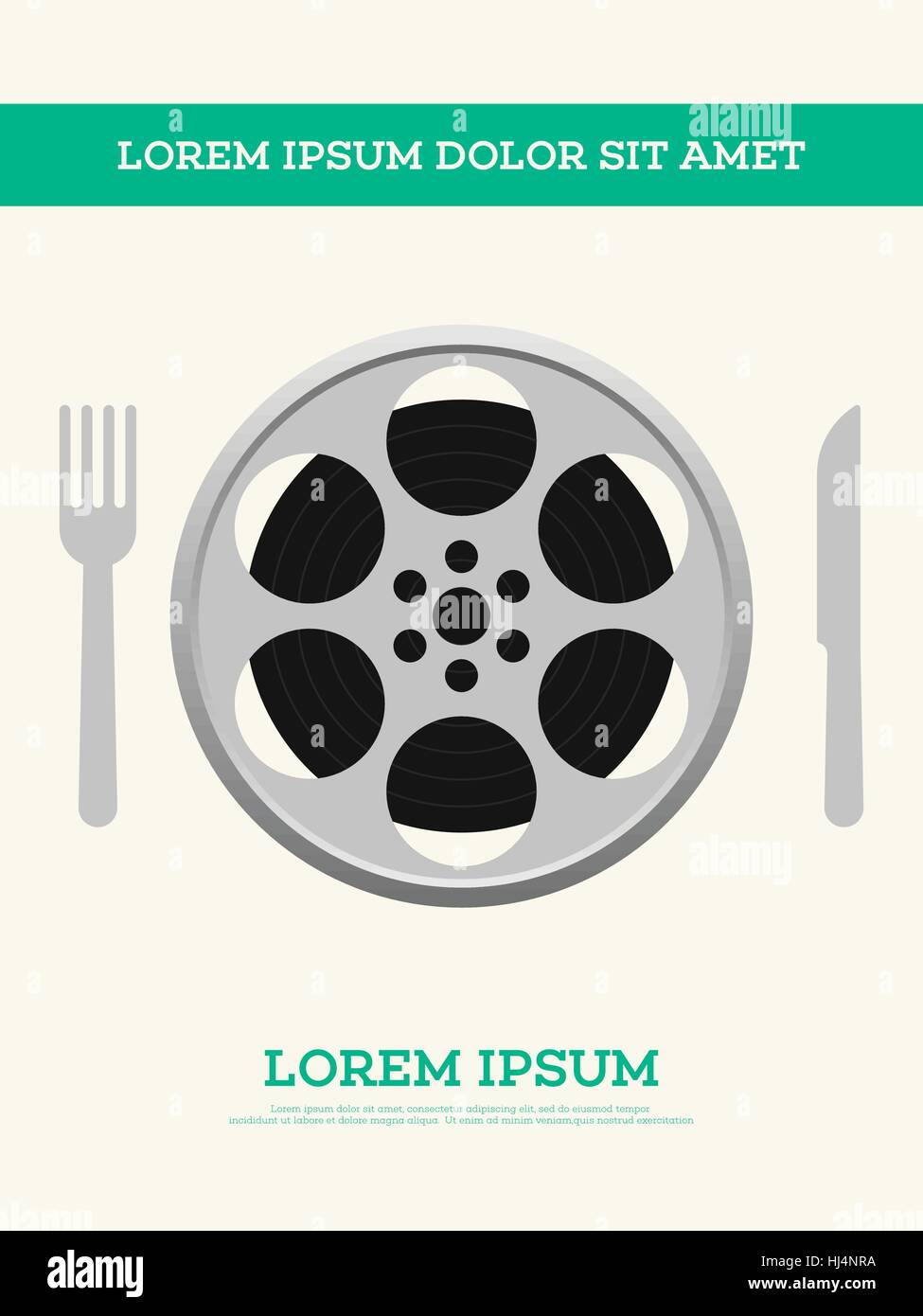 Movie film reel and filmstrip with spoon and fork vintage poster