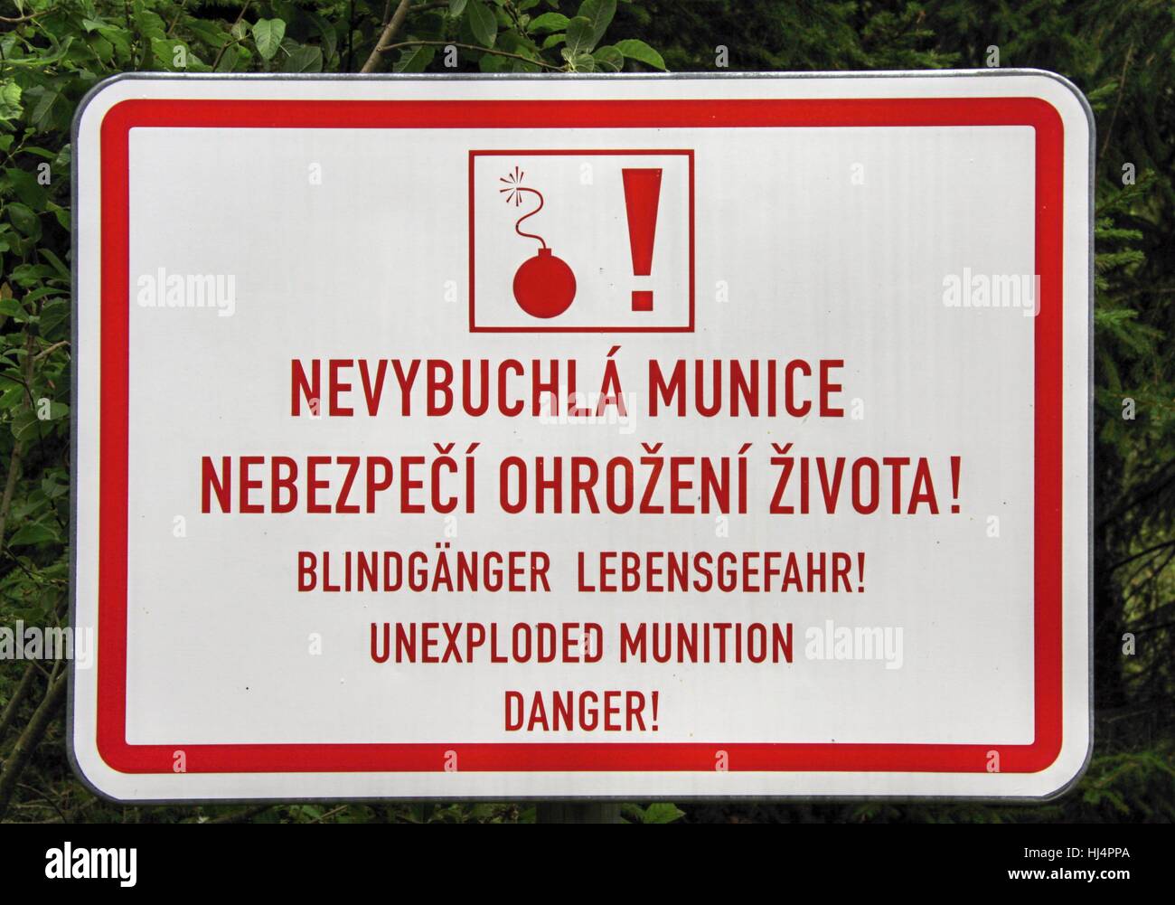 Sign Unexploded Munition, Danger to life, Do Not Enter, Old Military Area, National Park Sumava, Bohemian Forest, Czech Republic Stock Photo