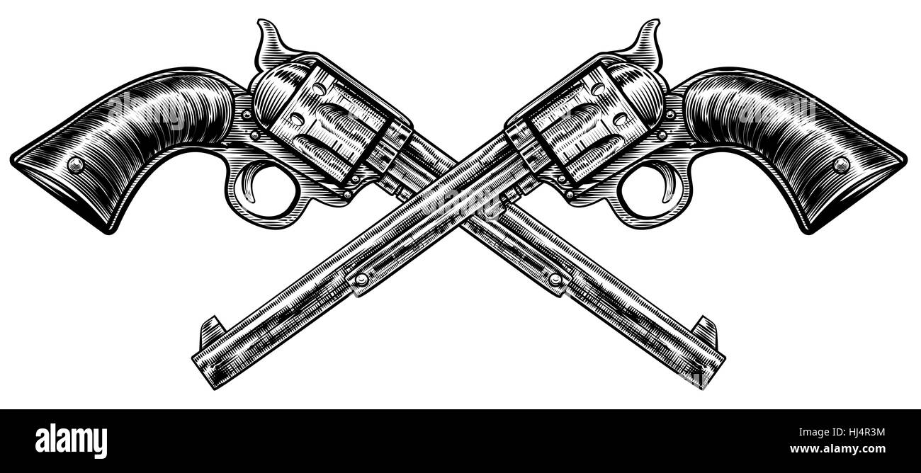 A pair of crossed pistol guns in a vintage etched engraved style Stock Photo