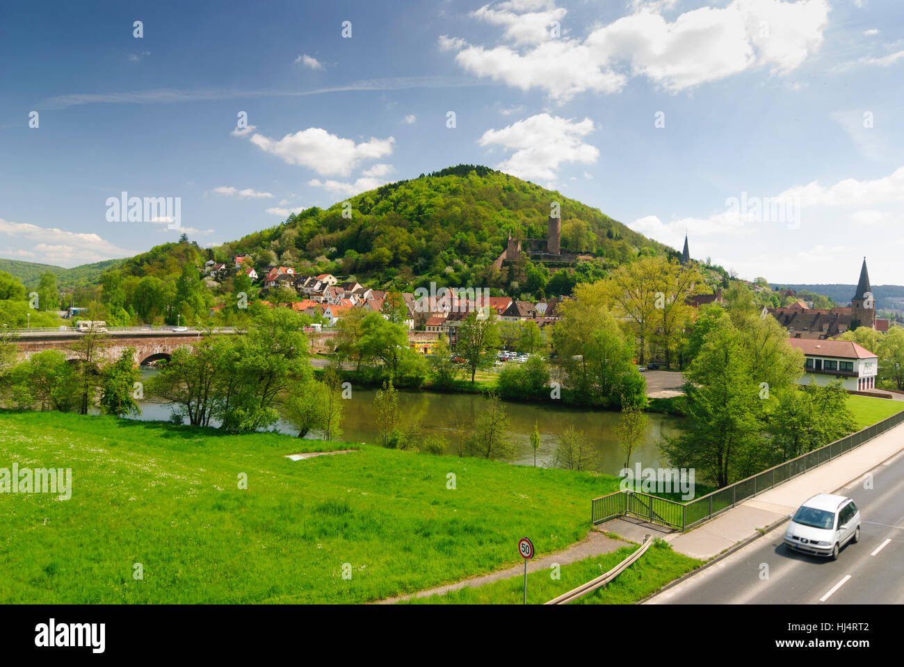 Gemünden am Main: City center, river Franconian Saale and castle ruin Scherenburg, Unterfranken, Lower Franconia, Bayern, Bavaria, Germany Stock Photo