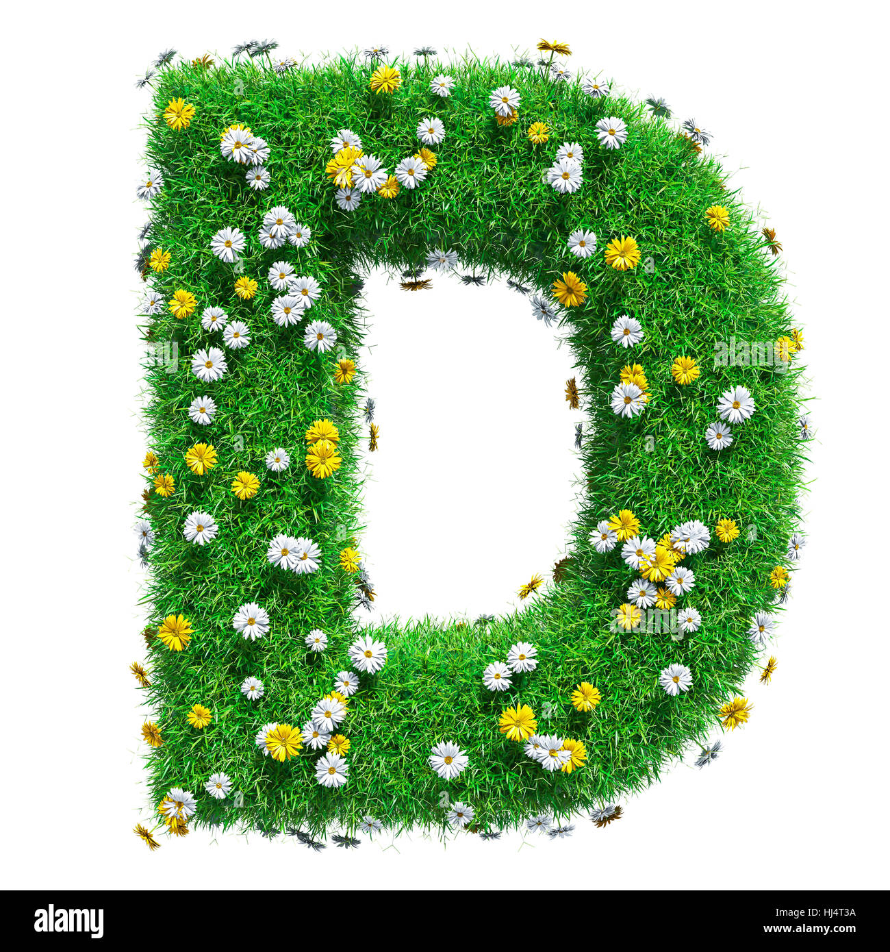 Letter D Of Green Grass And Flowers. Isolated On White Background. Font For Your Design. 3D Illustration Stock Photo