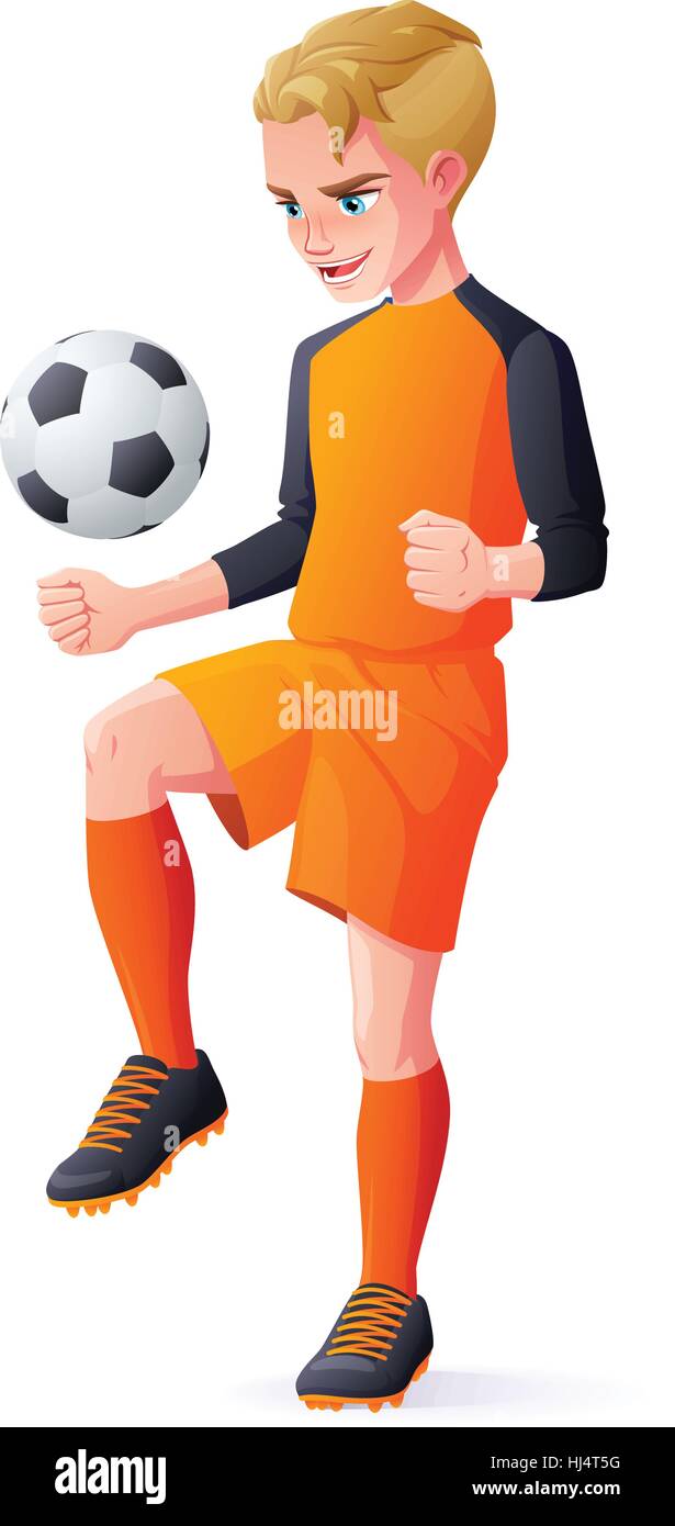 Vector young football or soccer player boy playing with ball. Stock Vector