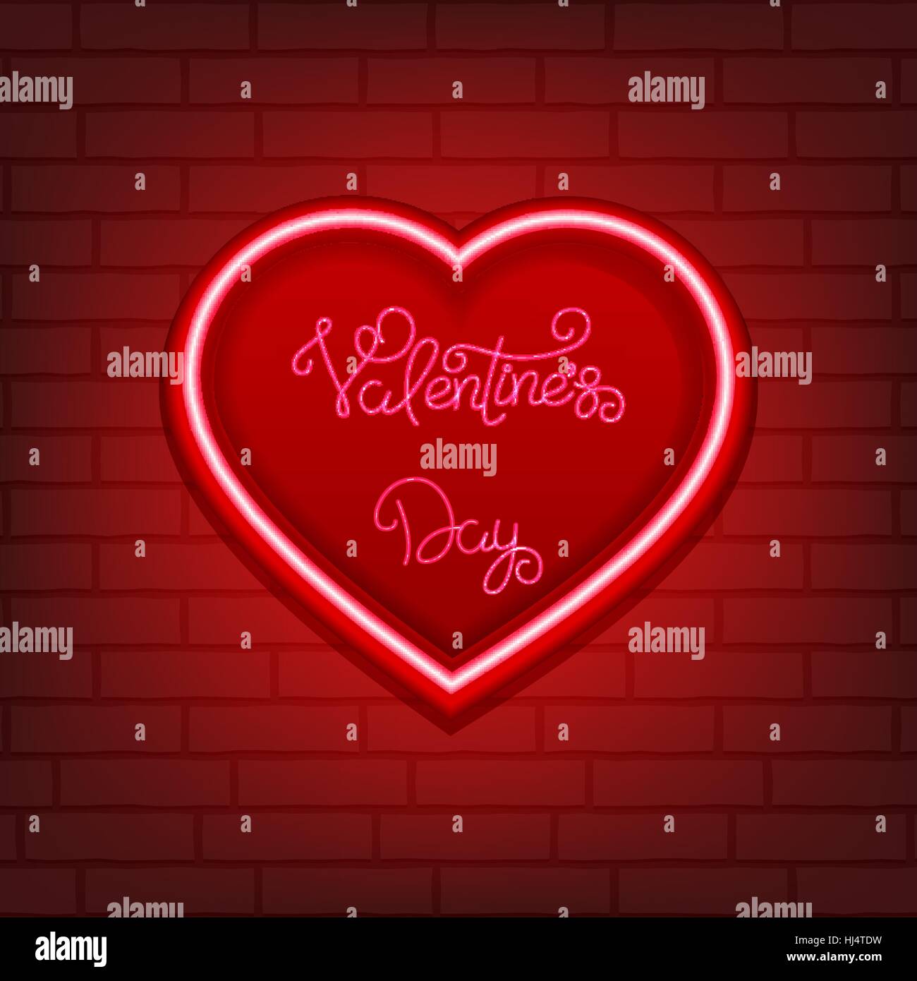 Valentines Day greeting card with neon glowing heart. Stock Vector