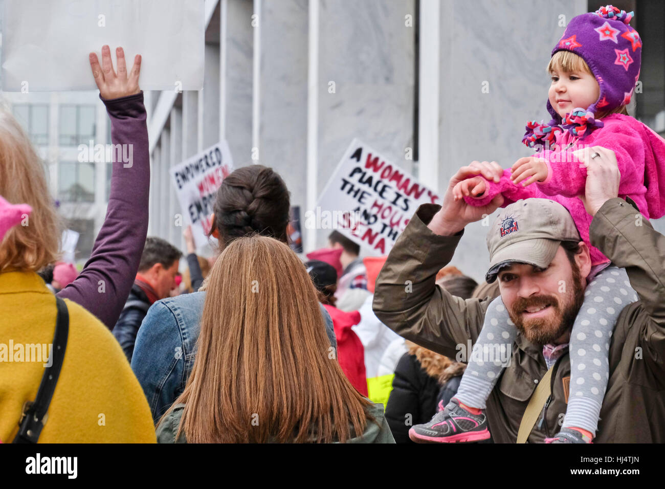 Father with daughter at Women's March on Washington DC January 22 2017 Stock Photo