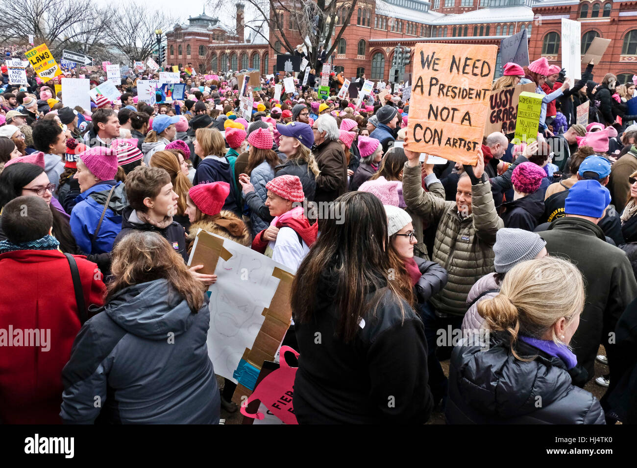 Protesters with signs at Women's March on Washington DC January 22 2017 Stock Photo