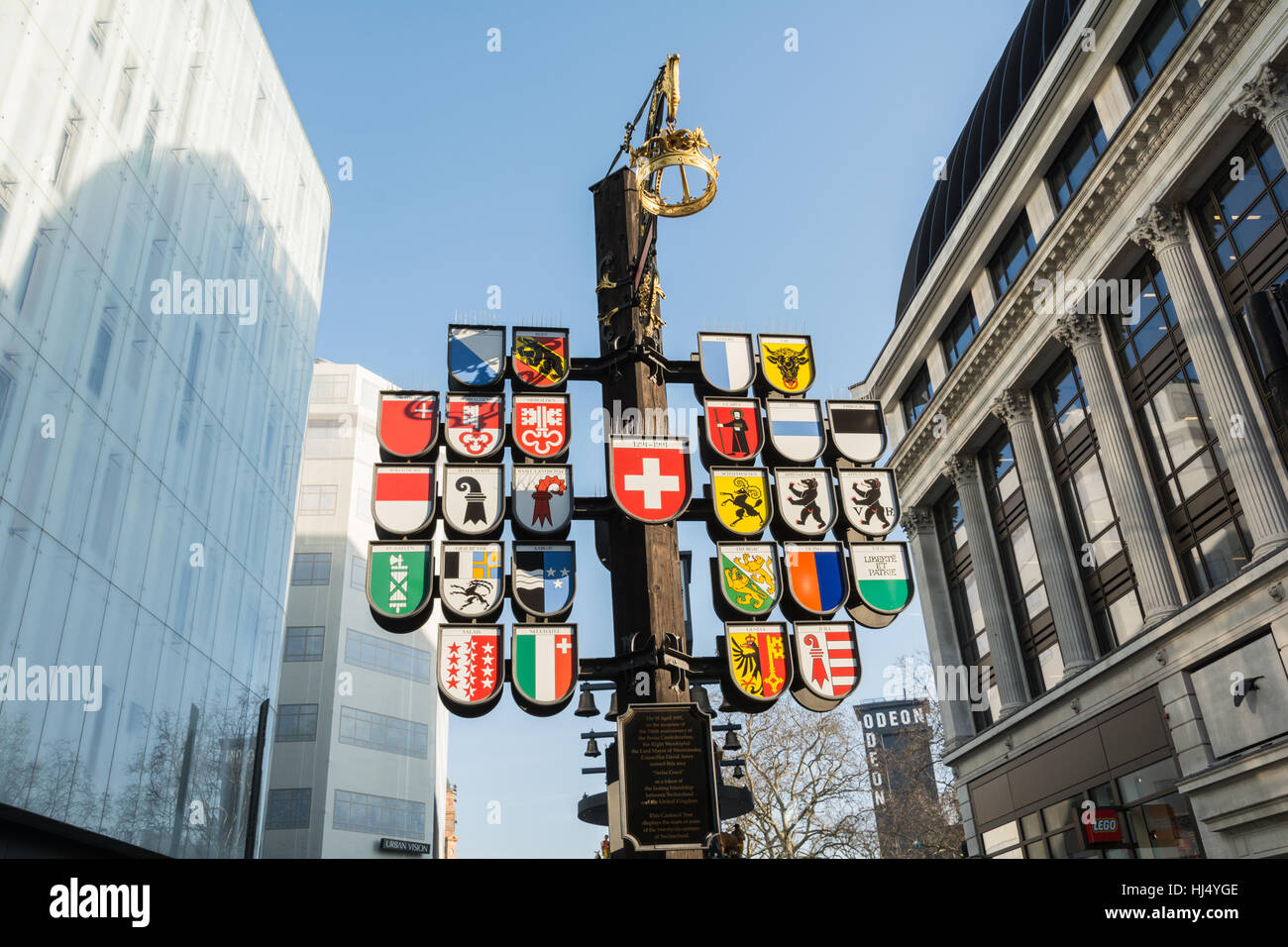 Swiss Cantonal Tree and glockenspiel in Leicester Square, London, England, UK Stock Photo