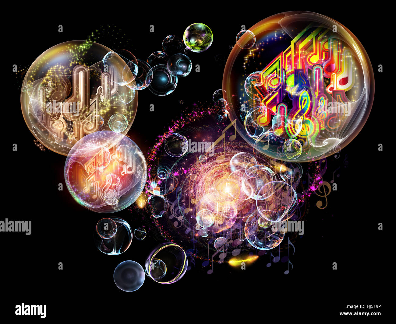 Bubble Symphony series. Abstract arrangement of musical notes, fractal ...