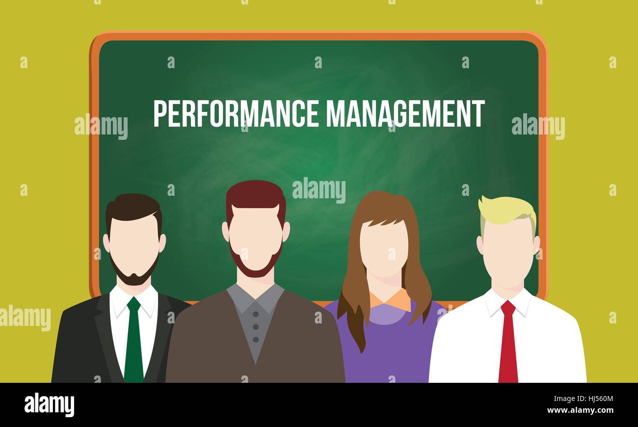 performance management concept in a team illustration with text written on chalkboard Stock Vector
