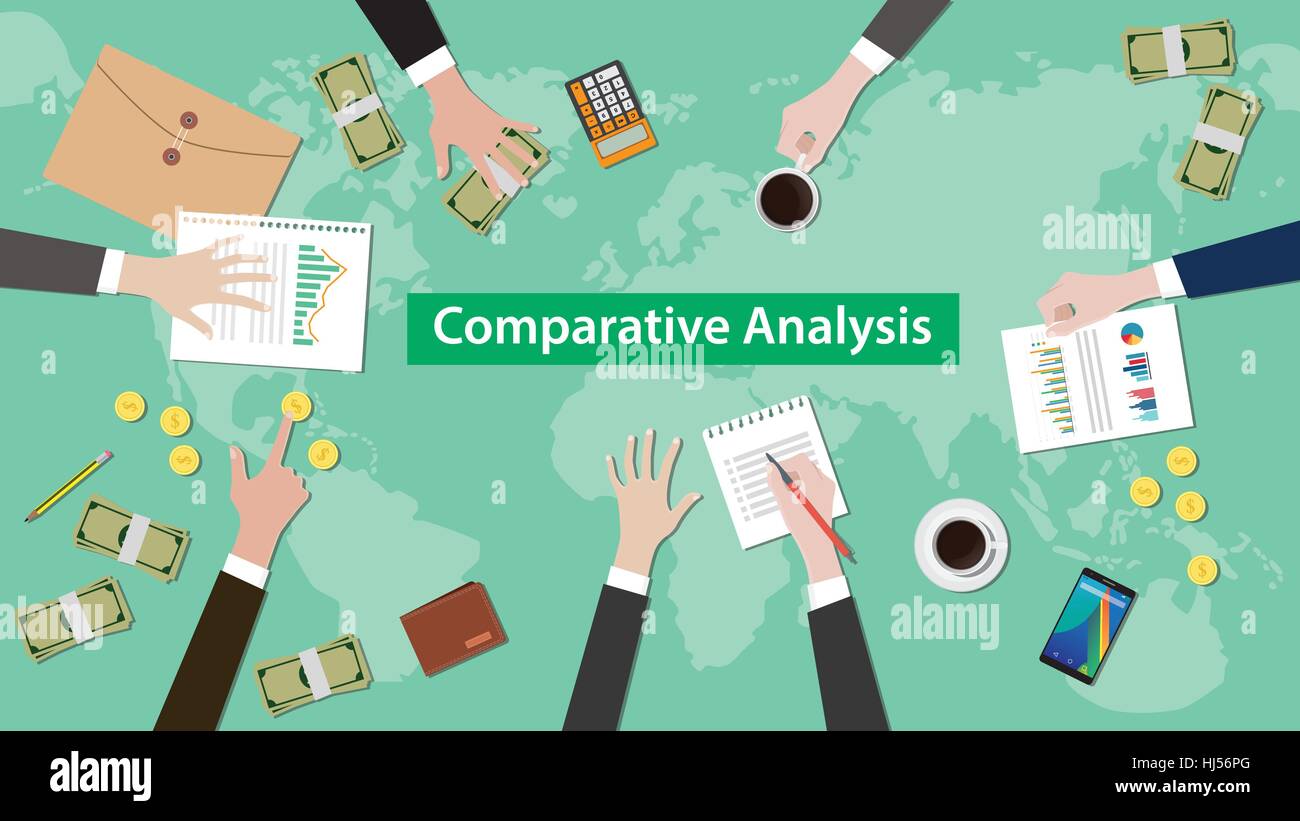 comparative analysis concept discussion illustration with paperworks, paper money and coins on top of table Stock Vector