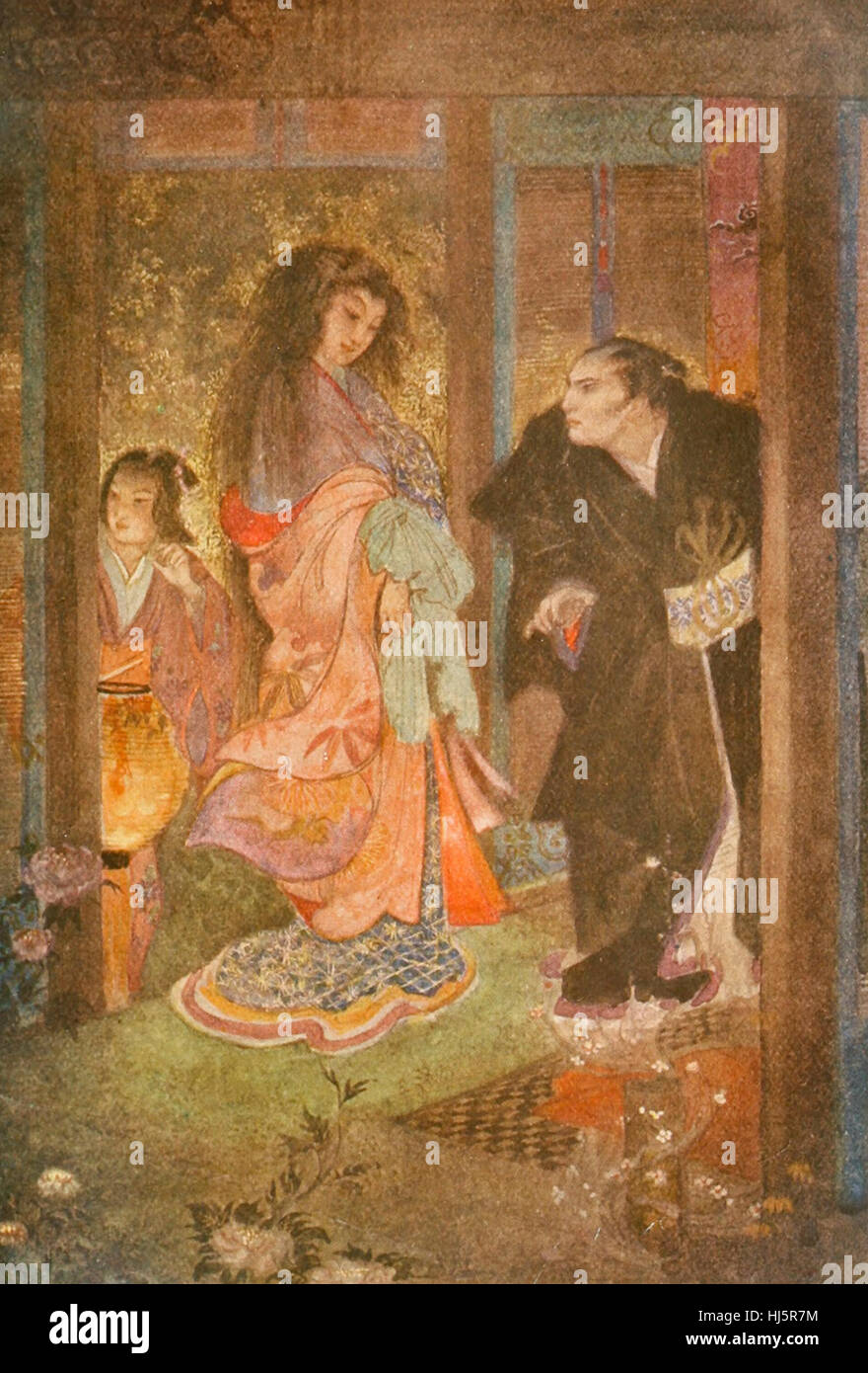 Shinzaburo recognised Tsuyu and her maid Yone, Japanese Mythology Stock Photo