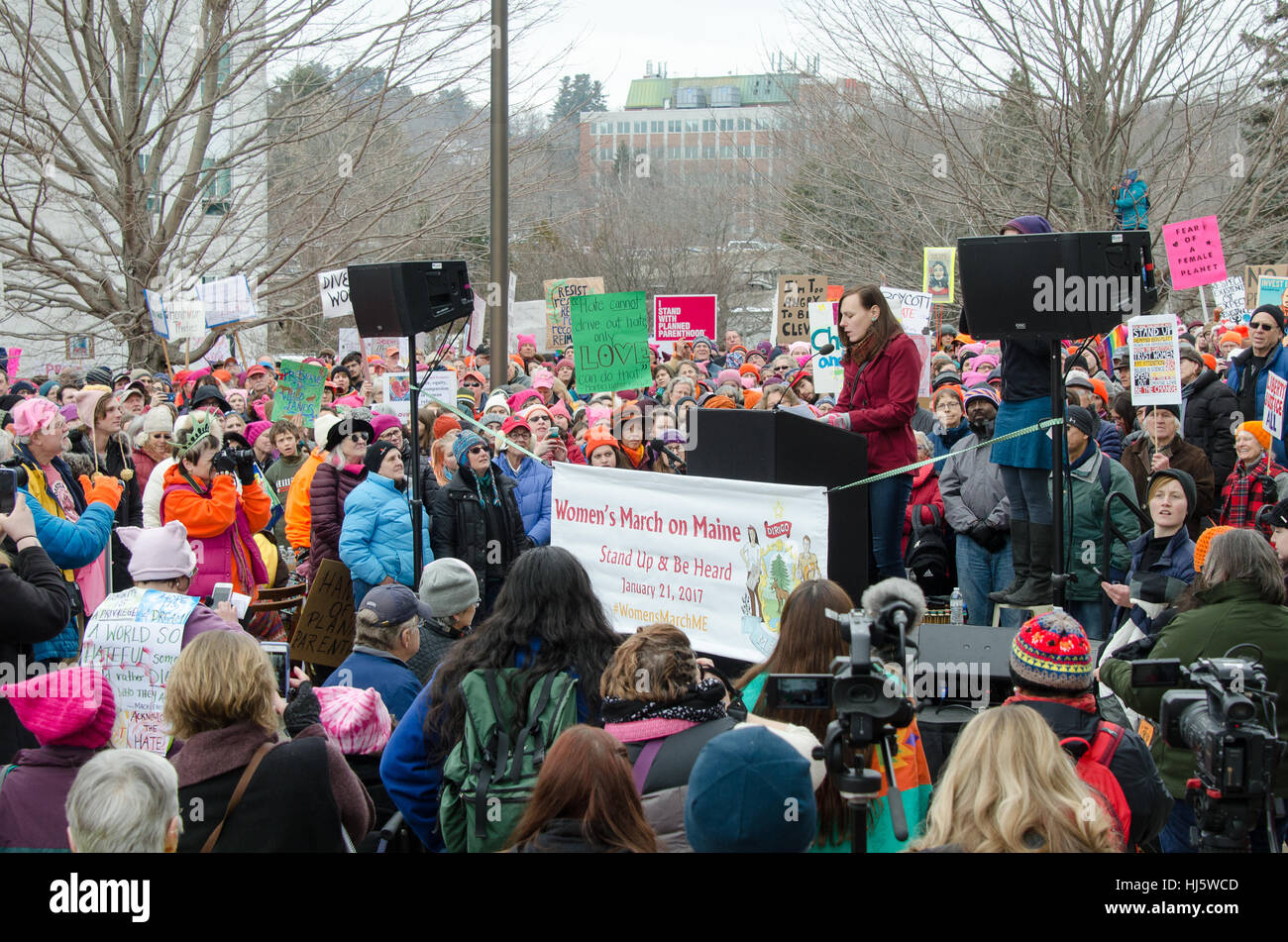 Augusta, Maine, USA. 21st Jan, 2017. Women’s March on Maine rally in front of the Maine State Capitol. The March on Maine is a sister rally to the Women’s March on Washington. Credit: Jennifer Booher/Alamy Live News Stock Photo