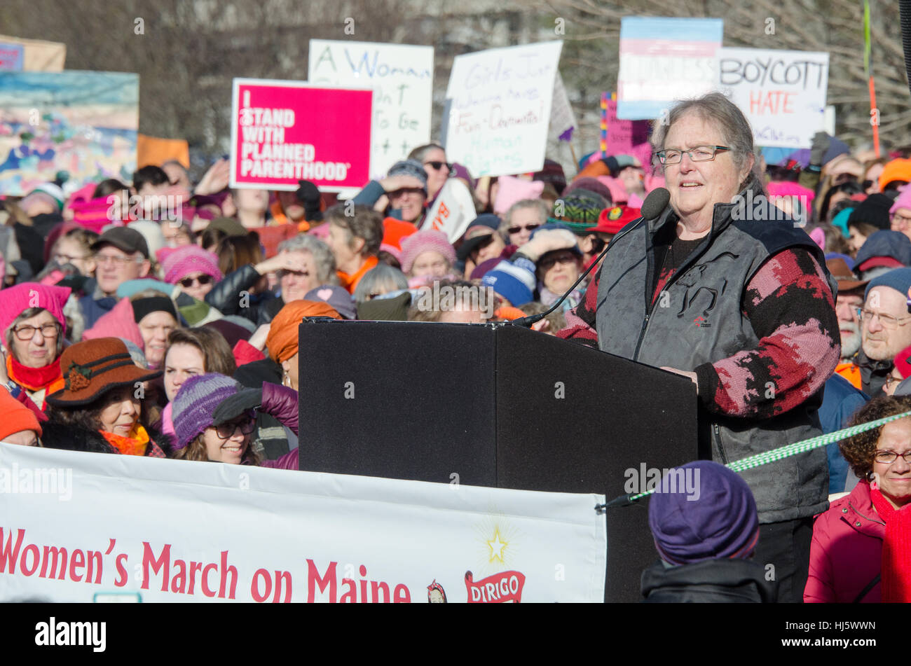 Augusta, Maine, USA. 21st Jan, 2017.  Lois Galgay-Reckitt of the Maine State House of Representatives addresses the Women’s March on Maine rally in front of the Maine State Capitol. The March on Maine is a sister rally to the Women’s March on Washington. Credit: Jennifer Booher/Alamy Live News Stock Photo