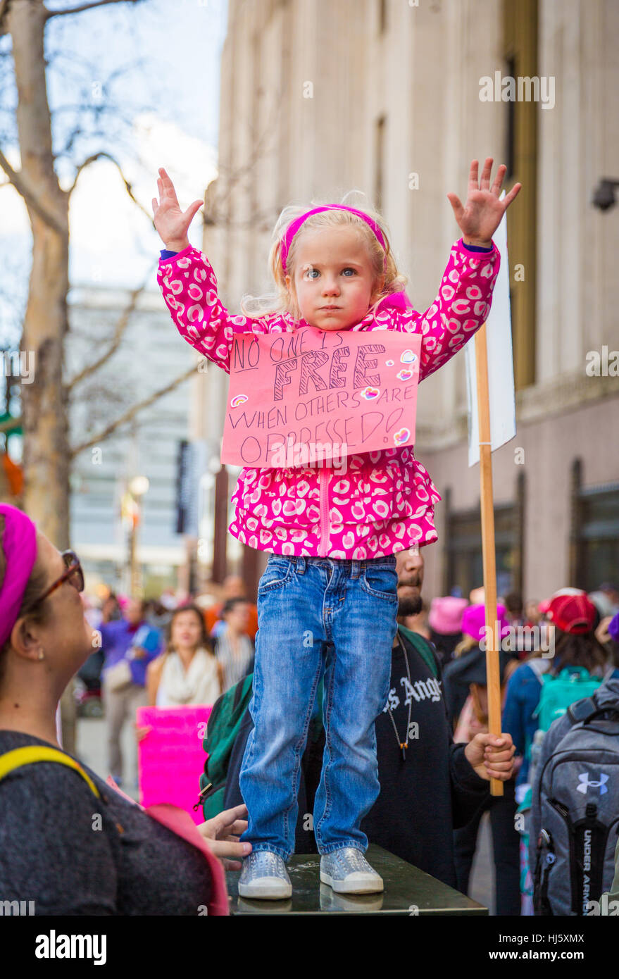 Women's March in Downtown Los Angeles, California on January 21st, 2017. Stock Photo